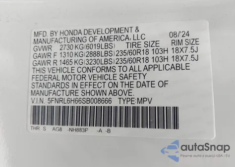 2025 Honda Odyssey Ex-L from USA, damaged, VIN 5FNRL6H66SB008666
